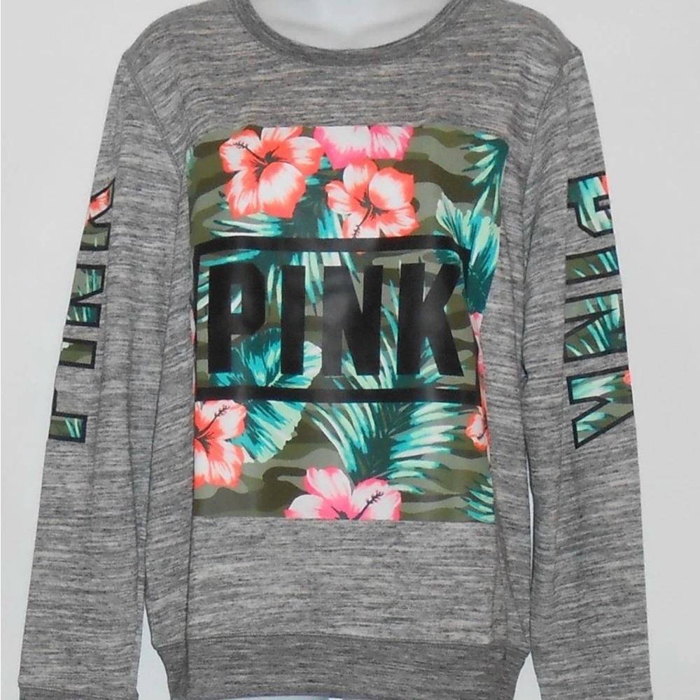 Victoria's Secret Pink Marled Tropical Palm Logo Crew Sweat Shirt Gray Medium